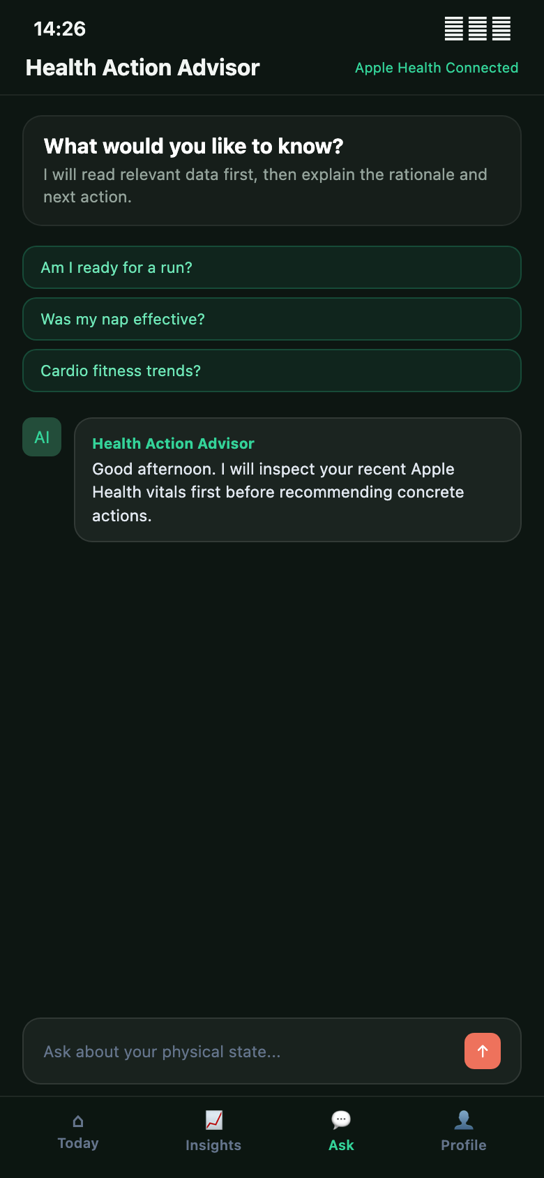VitalAgent Ask screen with a health and fitness conversation, suggested questions, and an evidence link