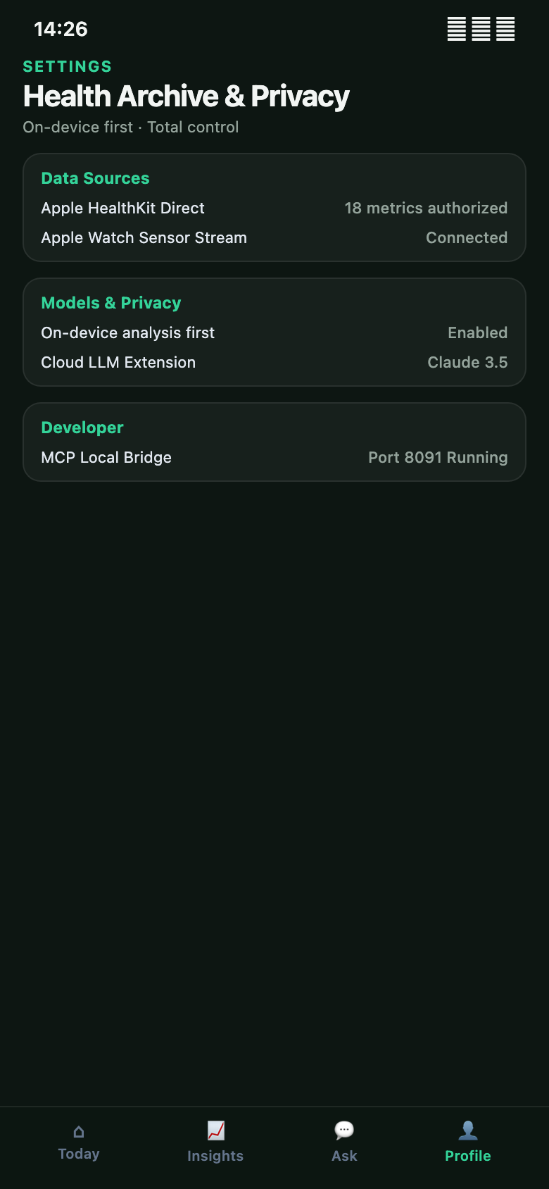 VitalAgent Profile screen with Apple Health, local archive, model, and connection settings