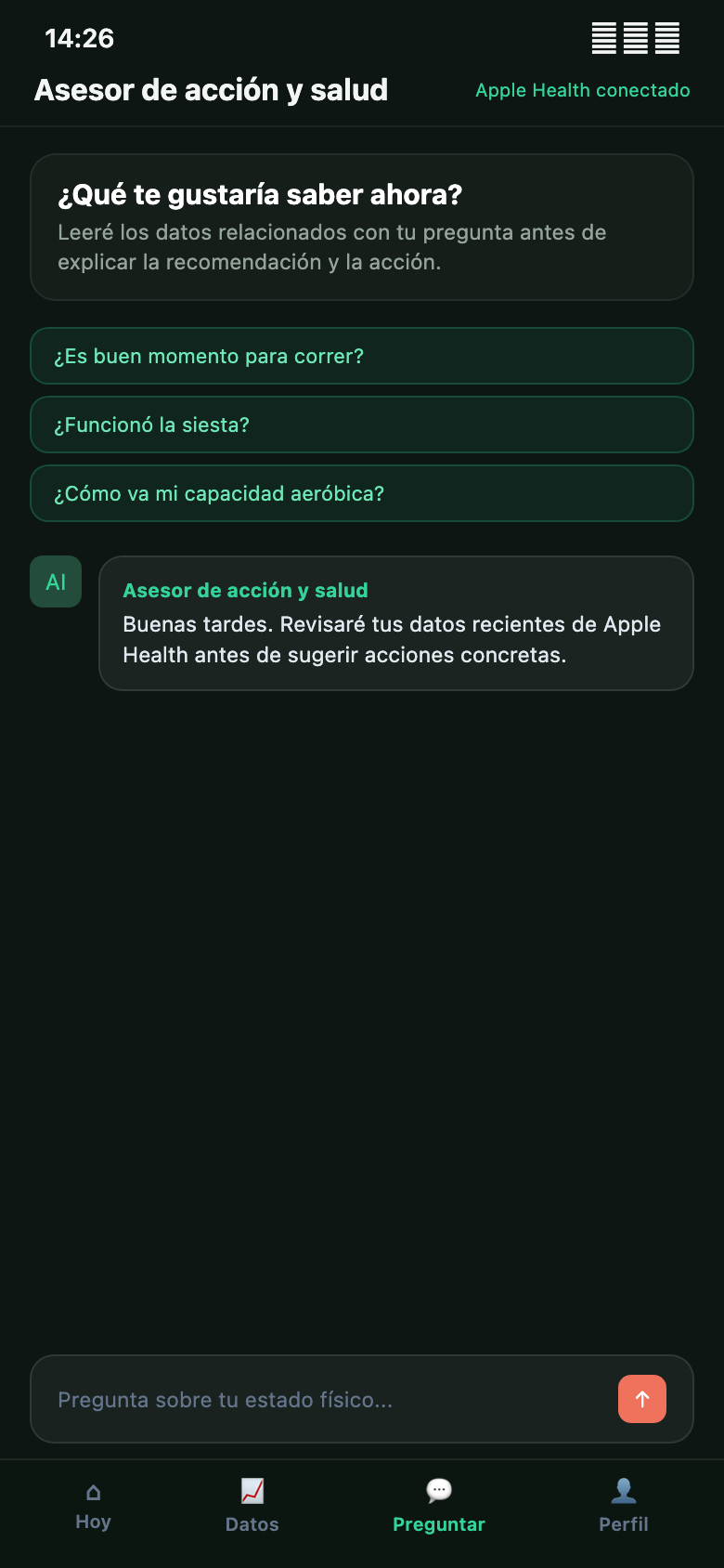 Pantalla Pregunta de VitalAgent con conversación, preguntas sugeridas y acceso a evidencias