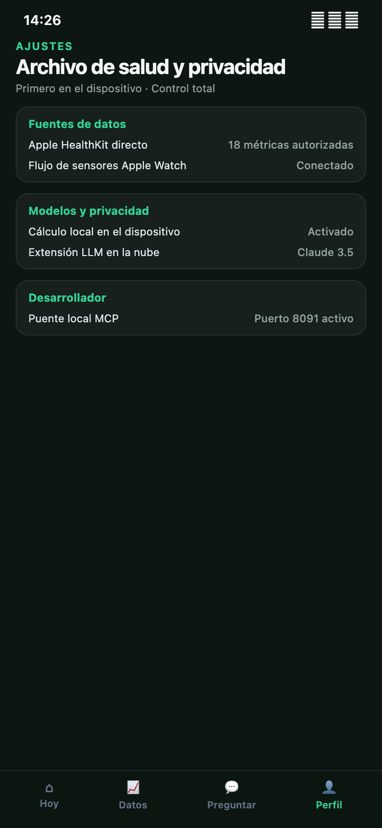 Pantalla Perfil de VitalAgent con ajustes de Apple Health, archivo local, modelos y conexión MCP